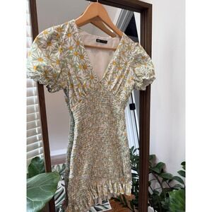 ZARA Daisy Print Smocked Puff Sleeve Mini Dress Green White Yellow Size S